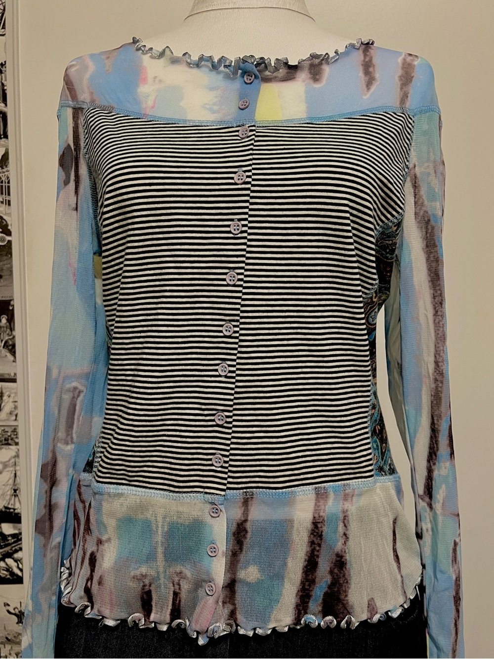 Tricotto Y2K Mesh Patchwork Button Front Striped Top Multi Pattern M